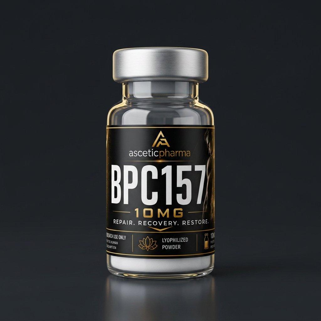 BPC-157 sealed laboratory research vial with printed Ascetic Pharma label, studio photograph
