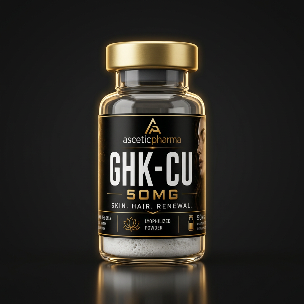 GHK-Cu sealed laboratory research vial with printed Ascetic Pharma label, studio photograph
