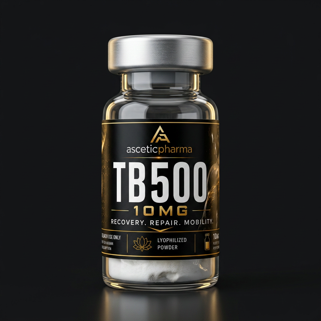 TB-500 sealed laboratory research vial with printed Ascetic Pharma label, studio photograph